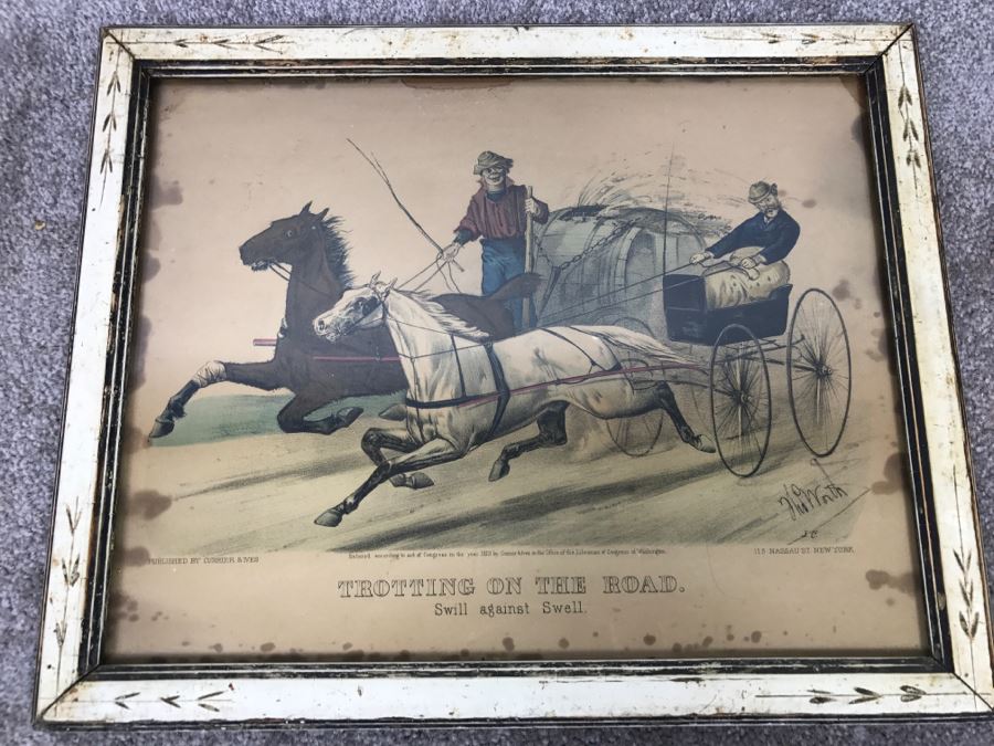 Antique Currier & Ives Lithograph 'Trotting On The Road Swill Against Swell' Hand Colored In Antique Frame Copyright 1873 Harness Racing [Photo 2]