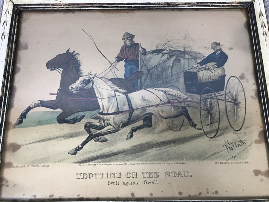 Antique Currier & Ives Lithograph 'Trotting On The Road Swill Against Swell' Hand Colored In Antique Frame Copyright 1873 Harness Racing [Photo 3]