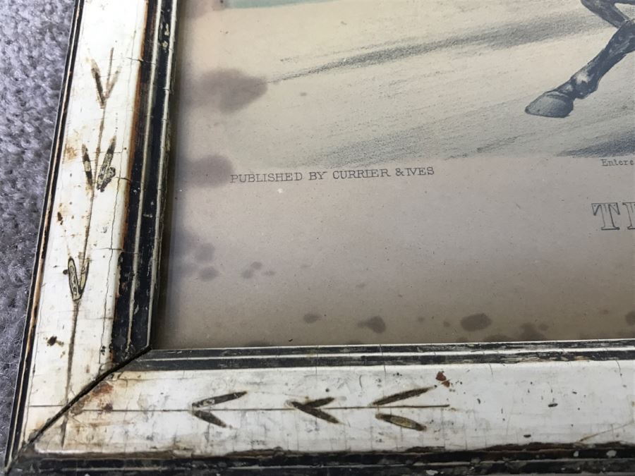 Antique Currier & Ives Lithograph 'Trotting On The Road Swill Against Swell' Hand Colored In Antique Frame Copyright 1873 Harness Racing [Photo 17]