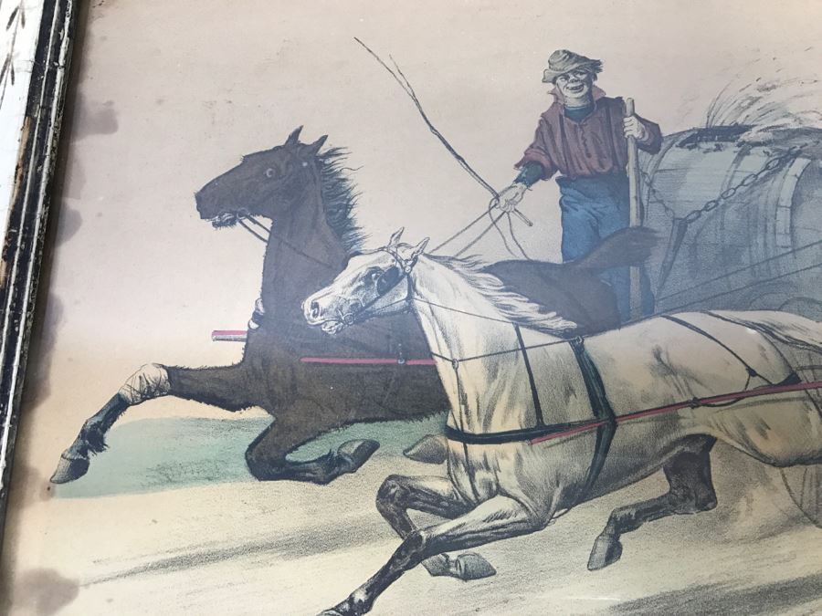 Antique Currier & Ives Lithograph 'Trotting On The Road Swill Against Swell' Hand Colored In Antique Frame Copyright 1873 Harness Racing [Photo 4]