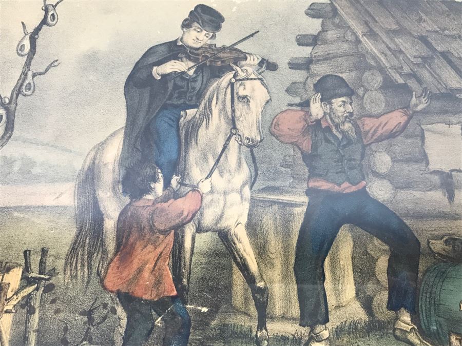 Antique Currier & Ives Lithograph 'The Turn Of The Tune Traveller Playing The Arkansas Traveller' Hand Colored In Antique Frame Copyright 1870 [Photo 5]