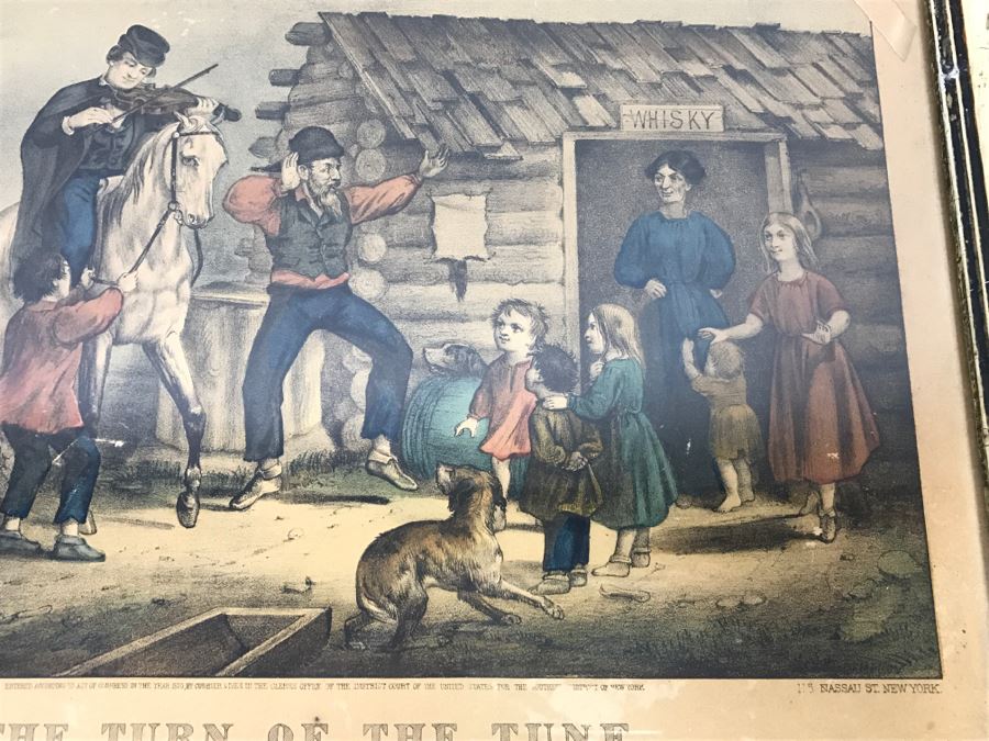 Antique Currier & Ives Lithograph 'The Turn Of The Tune Traveller Playing The Arkansas Traveller' Hand Colored In Antique Frame Copyright 1870 [Photo 4]