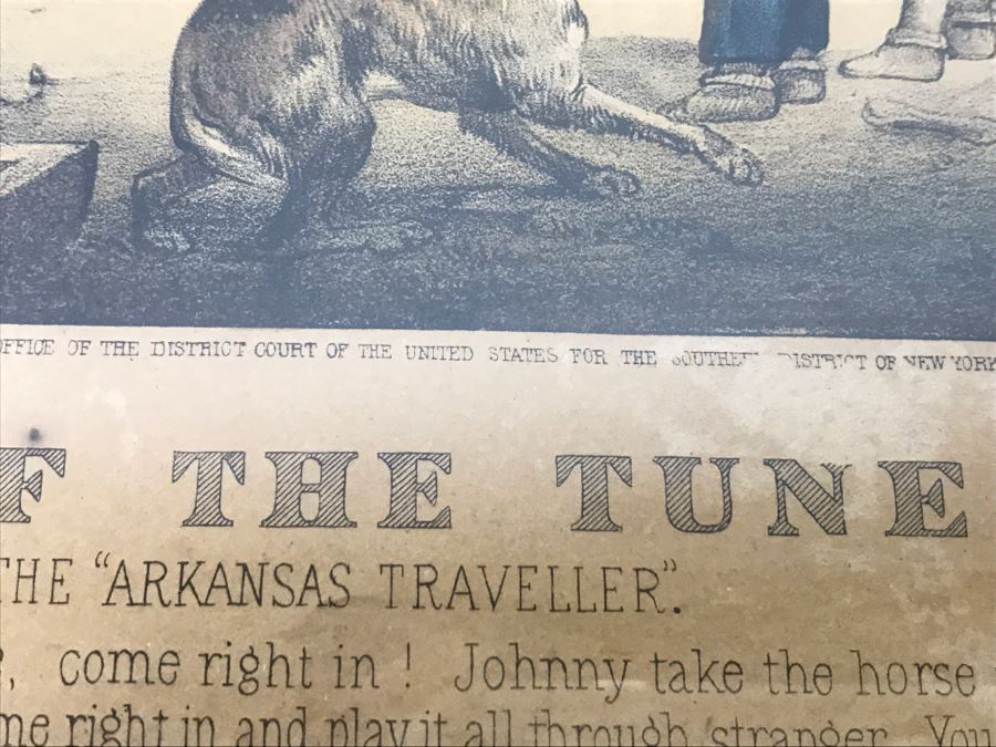 Antique Currier & Ives Lithograph 'The Turn Of The Tune Traveller Playing The Arkansas Traveller' Hand Colored In Antique Frame Copyright 1870 [Photo 20]