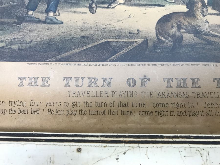 Antique Currier & Ives Lithograph 'The Turn Of The Tune Traveller Playing The Arkansas Traveller' Hand Colored In Antique Frame Copyright 1870 [Photo 13]