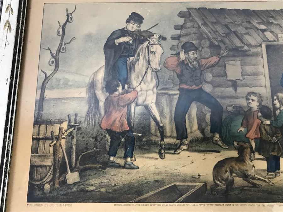 Antique Currier & Ives Lithograph 'The Turn Of The Tune Traveller Playing The Arkansas Traveller' Hand Colored In Antique Frame Copyright 1870 [Photo 3]