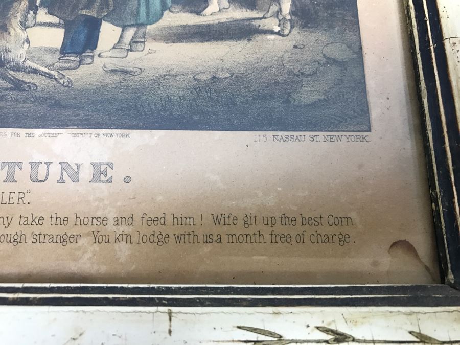Antique Currier & Ives Lithograph 'The Turn Of The Tune Traveller Playing The Arkansas Traveller' Hand Colored In Antique Frame Copyright 1870 [Photo 15]