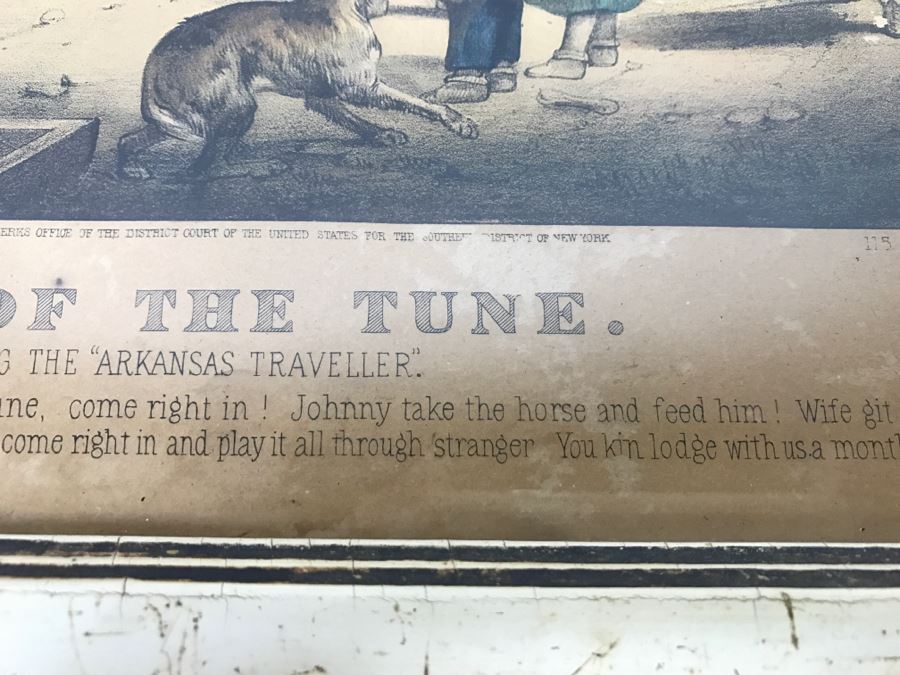 Antique Currier & Ives Lithograph 'The Turn Of The Tune Traveller Playing The Arkansas Traveller' Hand Colored In Antique Frame Copyright 1870 [Photo 14]