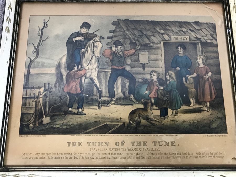 Antique Currier & Ives Lithograph 'The Turn Of The Tune Traveller Playing The Arkansas Traveller' Hand Colored In Antique Frame Copyright 1870 [Photo 2]