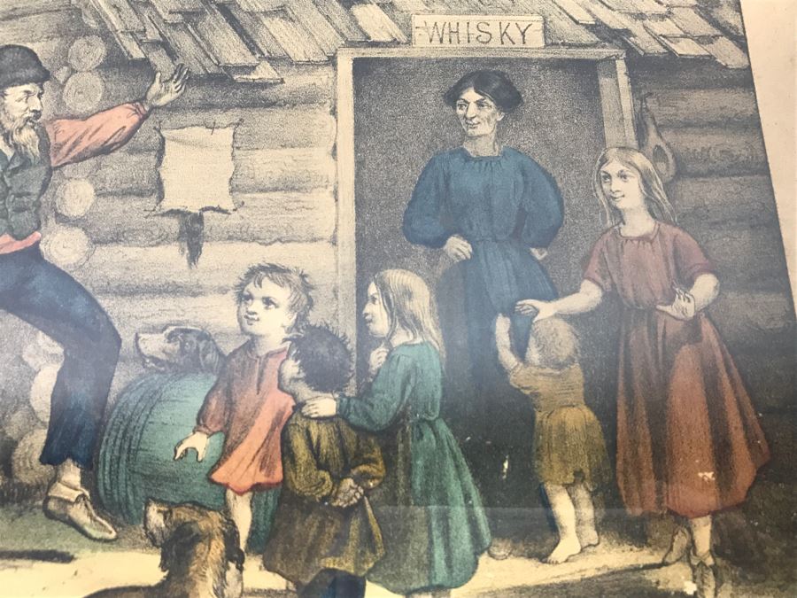 Antique Currier & Ives Lithograph 'The Turn Of The Tune Traveller Playing The Arkansas Traveller' Hand Colored In Antique Frame Copyright 1870 [Photo 8]