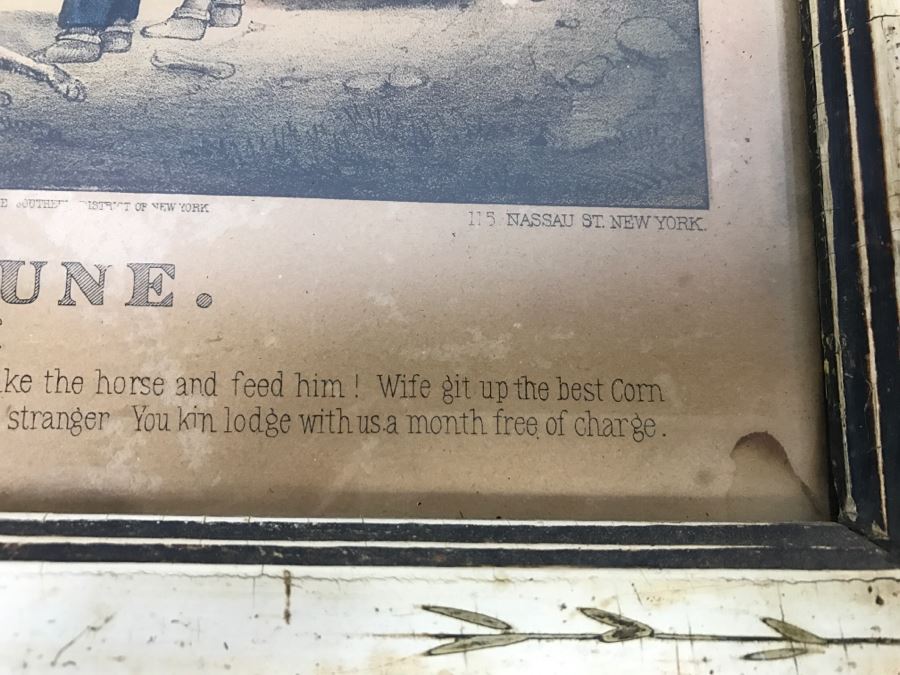 Antique Currier & Ives Lithograph 'The Turn Of The Tune Traveller Playing The Arkansas Traveller' Hand Colored In Antique Frame Copyright 1870 [Photo 16]