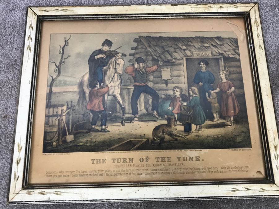 Antique Currier & Ives Lithograph 'The Turn Of The Tune Traveller Playing The Arkansas Traveller' Hand Colored In Antique Frame Copyright 1870 [Photo 1]