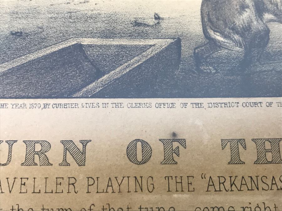 Antique Currier & Ives Lithograph 'The Turn Of The Tune Traveller Playing The Arkansas Traveller' Hand Colored In Antique Frame Copyright 1870 [Photo 19]
