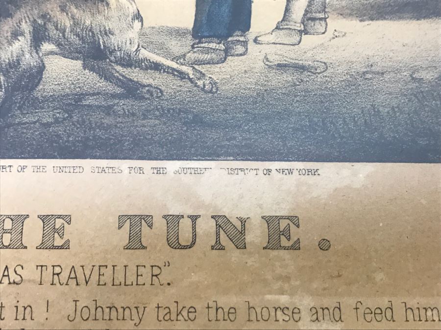 Antique Currier & Ives Lithograph 'The Turn Of The Tune Traveller Playing The Arkansas Traveller' Hand Colored In Antique Frame Copyright 1870 [Photo 21]