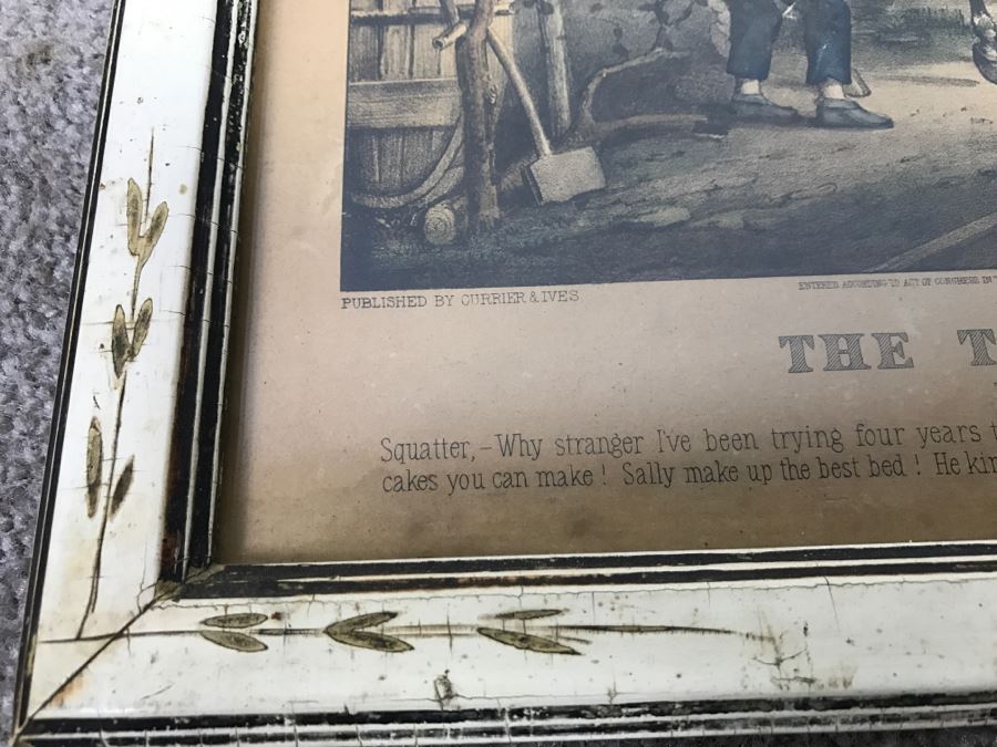 Antique Currier & Ives Lithograph 'The Turn Of The Tune Traveller Playing The Arkansas Traveller' Hand Colored In Antique Frame Copyright 1870 [Photo 22]