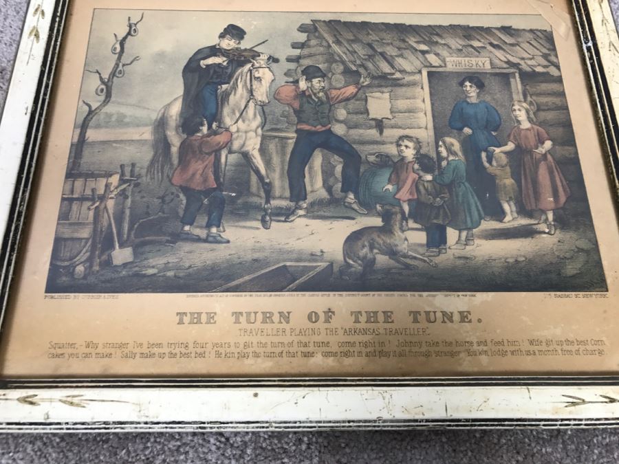 Antique Currier & Ives Lithograph 'The Turn Of The Tune Traveller Playing The Arkansas Traveller' Hand Colored In Antique Frame Copyright 1870 [Photo 11]
