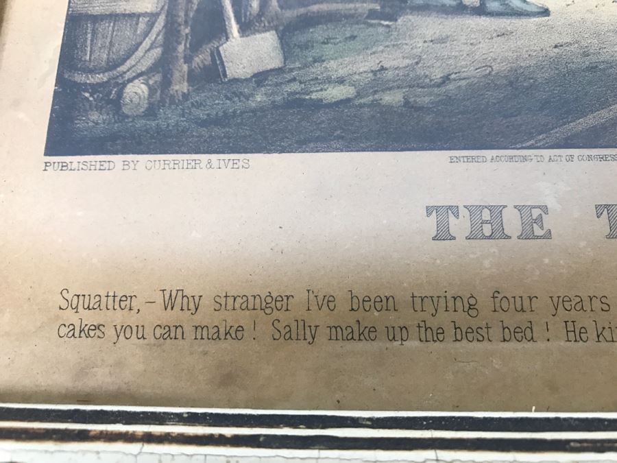 Antique Currier & Ives Lithograph 'The Turn Of The Tune Traveller Playing The Arkansas Traveller' Hand Colored In Antique Frame Copyright 1870 [Photo 12]