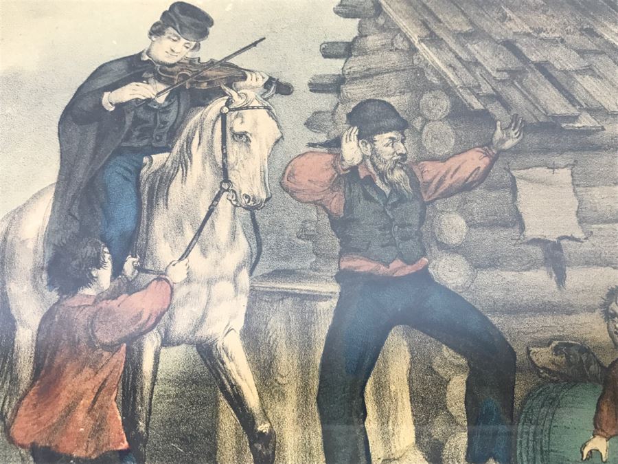 Antique Currier & Ives Lithograph 'The Turn Of The Tune Traveller Playing The Arkansas Traveller' Hand Colored In Antique Frame Copyright 1870 [Photo 6]