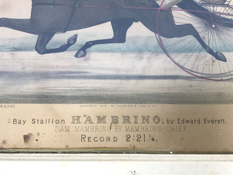 Antique Currier & Ives Lithograph 'Bay Stallion Hambrino, By Edward Everett' Hand Colored In Antique Frame Copyright 1879 Harness Racing [Photo 8]
