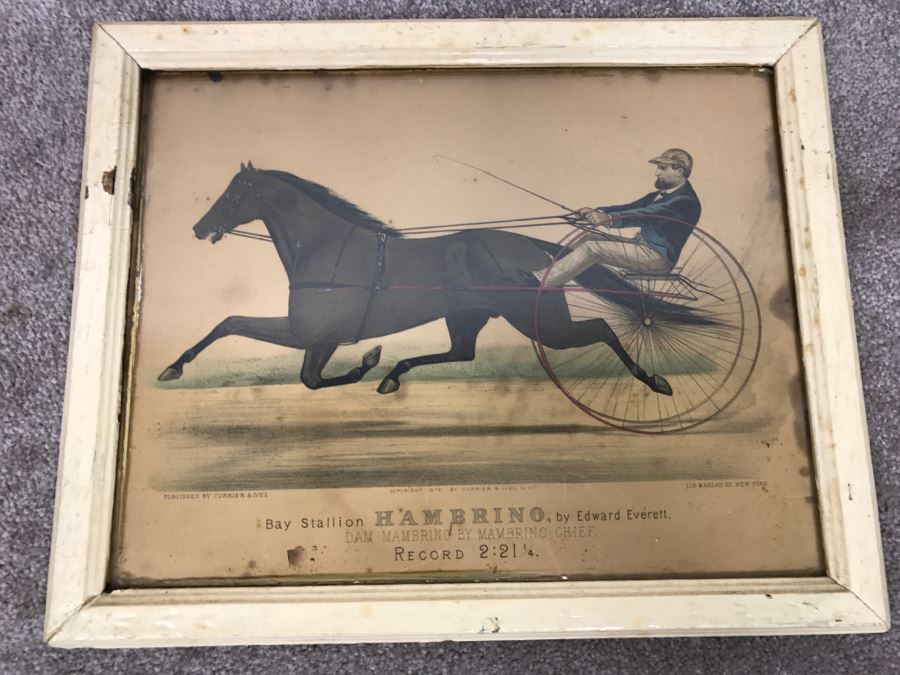 Antique Currier & Ives Lithograph 'Bay Stallion Hambrino, By Edward Everett' Hand Colored In Antique Frame Copyright 1879 Harness Racing [Photo 2]