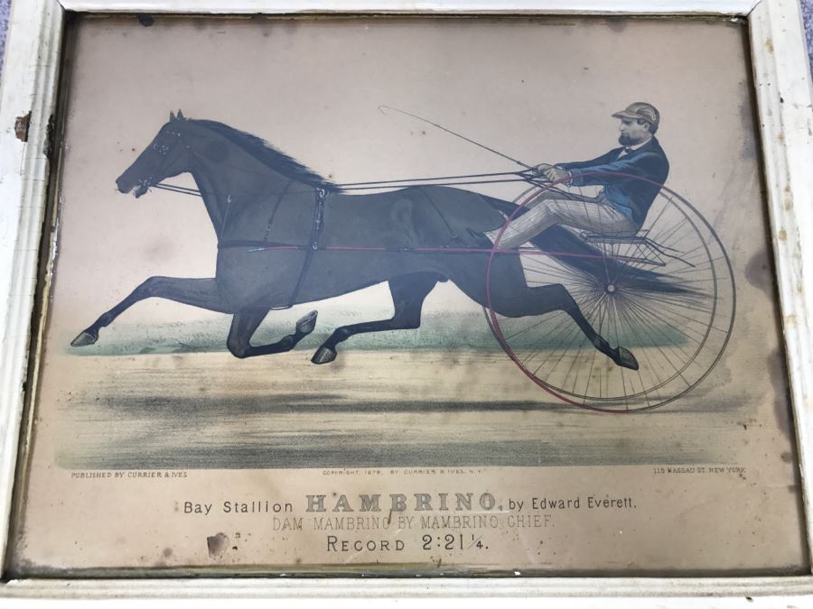 Antique Currier & Ives Lithograph 'Bay Stallion Hambrino, By Edward Everett' Hand Colored In Antique Frame Copyright 1879 Harness Racing