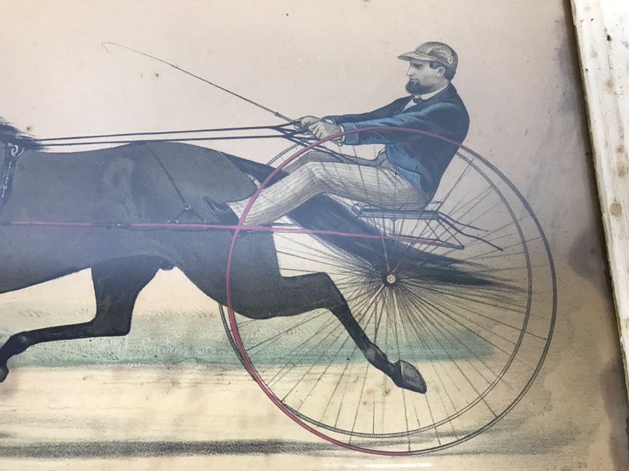 Antique Currier & Ives Lithograph 'Bay Stallion Hambrino, By Edward Everett' Hand Colored In Antique Frame Copyright 1879 Harness Racing [Photo 4]