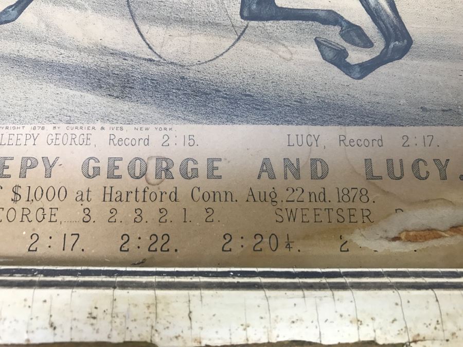 Antique Currier & Ives Lithograph 'Sweetser - Sleepy George And Lucy' Hand Colored In Antique Frame Copyright 1878 Harness Racing J Cameron [Photo 12]