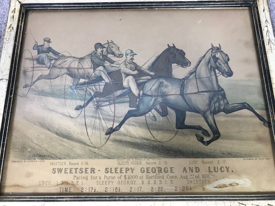 Antique Currier & Ives Lithograph 'Sweetser - Sleepy George And Lucy' Hand Colored In Antique Frame Copyright 1878 Harness Racing J Cameron [Photo 1]