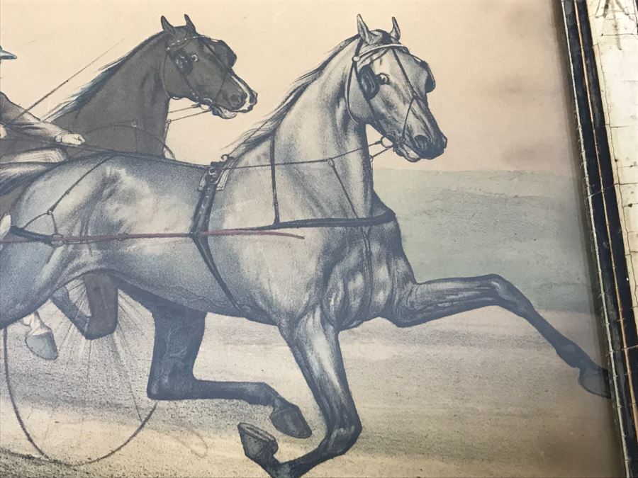 Antique Currier & Ives Lithograph 'Sweetser - Sleepy George And Lucy' Hand Colored In Antique Frame Copyright 1878 Harness Racing J Cameron [Photo 7]