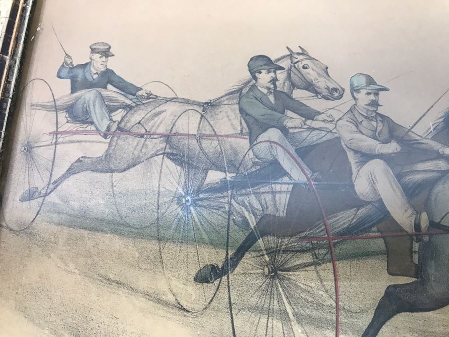Antique Currier & Ives Lithograph 'Sweetser - Sleepy George And Lucy' Hand Colored In Antique Frame Copyright 1878 Harness Racing J Cameron [Photo 3]
