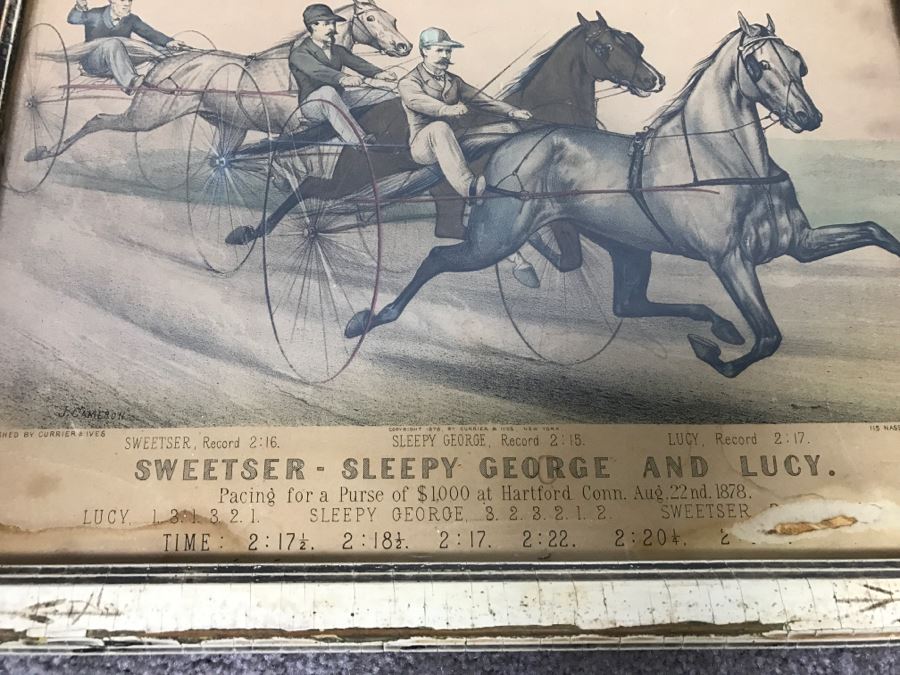 Antique Currier & Ives Lithograph 'Sweetser - Sleepy George And Lucy' Hand Colored In Antique Frame Copyright 1878 Harness Racing J Cameron [Photo 9]