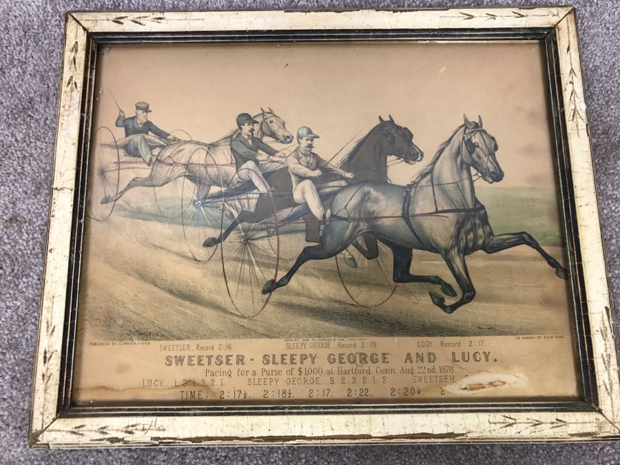 Antique Currier & Ives Lithograph 'Sweetser - Sleepy George And Lucy' Hand Colored In Antique Frame Copyright 1878 Harness Racing J Cameron [Photo 2]