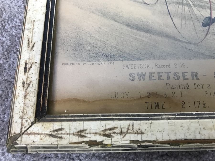 Antique Currier & Ives Lithograph 'Sweetser - Sleepy George And Lucy' Hand Colored In Antique Frame Copyright 1878 Harness Racing J Cameron [Photo 17]