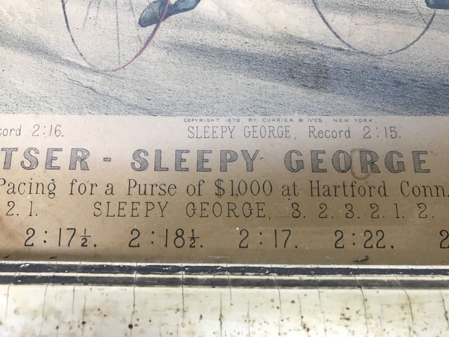 Antique Currier & Ives Lithograph 'Sweetser - Sleepy George And Lucy' Hand Colored In Antique Frame Copyright 1878 Harness Racing J Cameron [Photo 11]