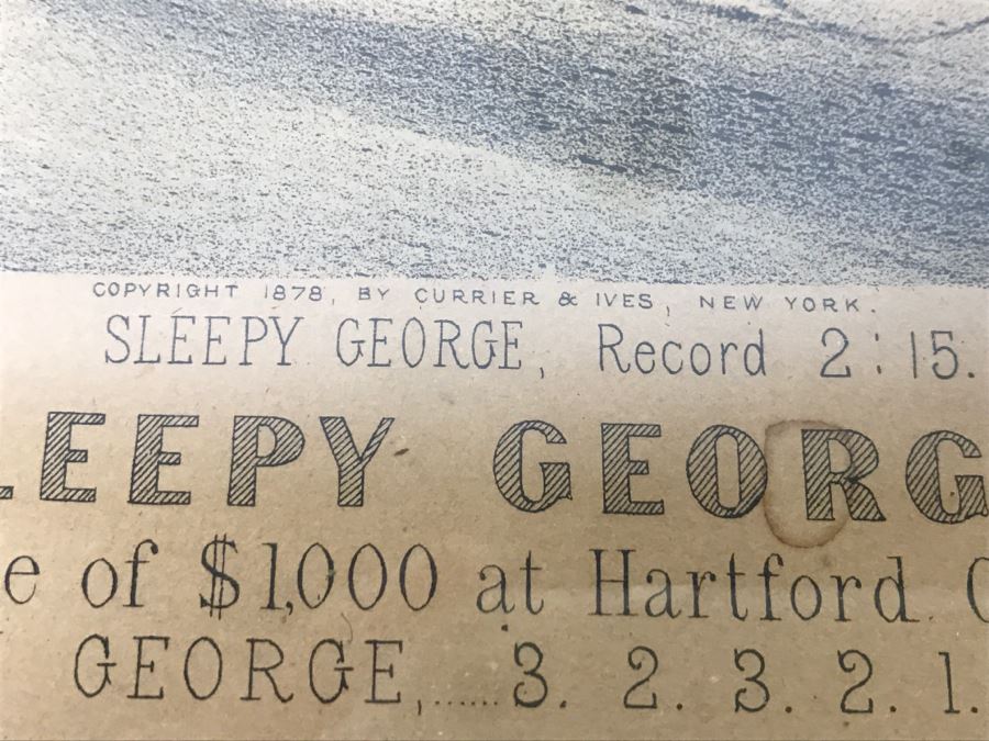 Antique Currier & Ives Lithograph 'Sweetser - Sleepy George And Lucy' Hand Colored In Antique Frame Copyright 1878 Harness Racing J Cameron [Photo 15]