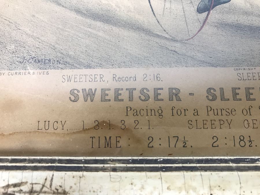 Antique Currier & Ives Lithograph 'Sweetser - Sleepy George And Lucy' Hand Colored In Antique Frame Copyright 1878 Harness Racing J Cameron [Photo 10]