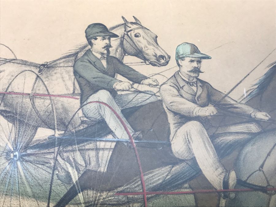 Antique Currier & Ives Lithograph 'Sweetser - Sleepy George And Lucy' Hand Colored In Antique Frame Copyright 1878 Harness Racing J Cameron [Photo 5]