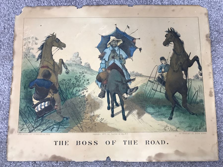 Antique Currier & Ives Lithograph 'The Boss Of The Road' Hand Colored Copyright 1877 [Photo 2]