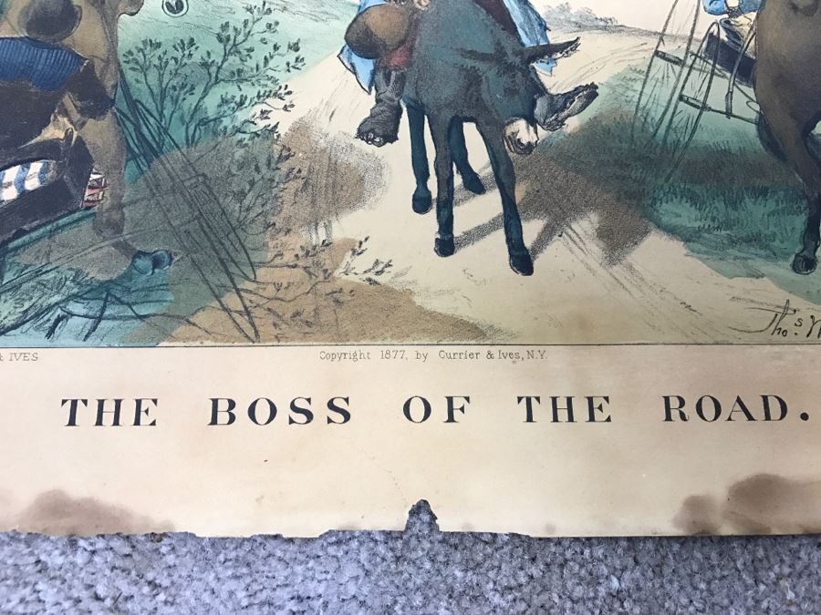 Antique Currier & Ives Lithograph 'The Boss Of The Road' Hand Colored Copyright 1877 [Photo 17]