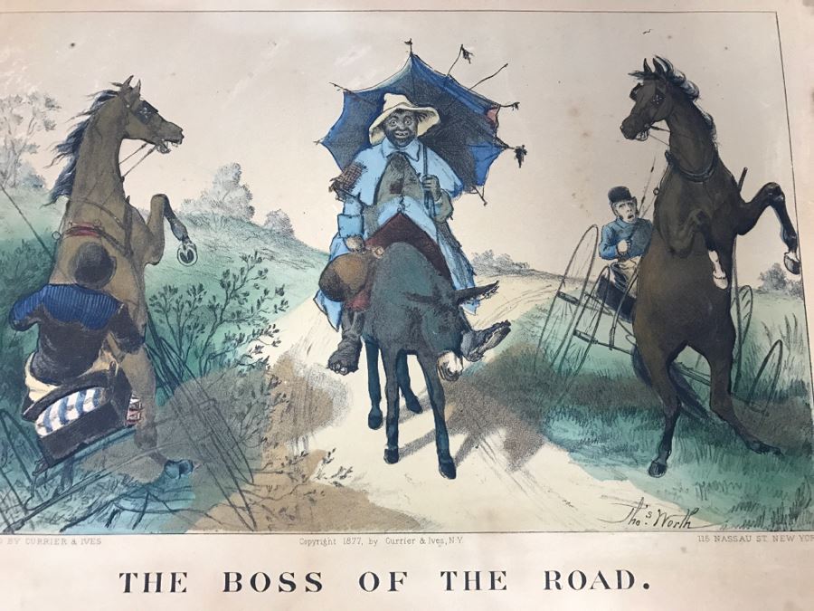 Antique Currier & Ives Lithograph 'The Boss Of The Road' Hand Colored Copyright 1877