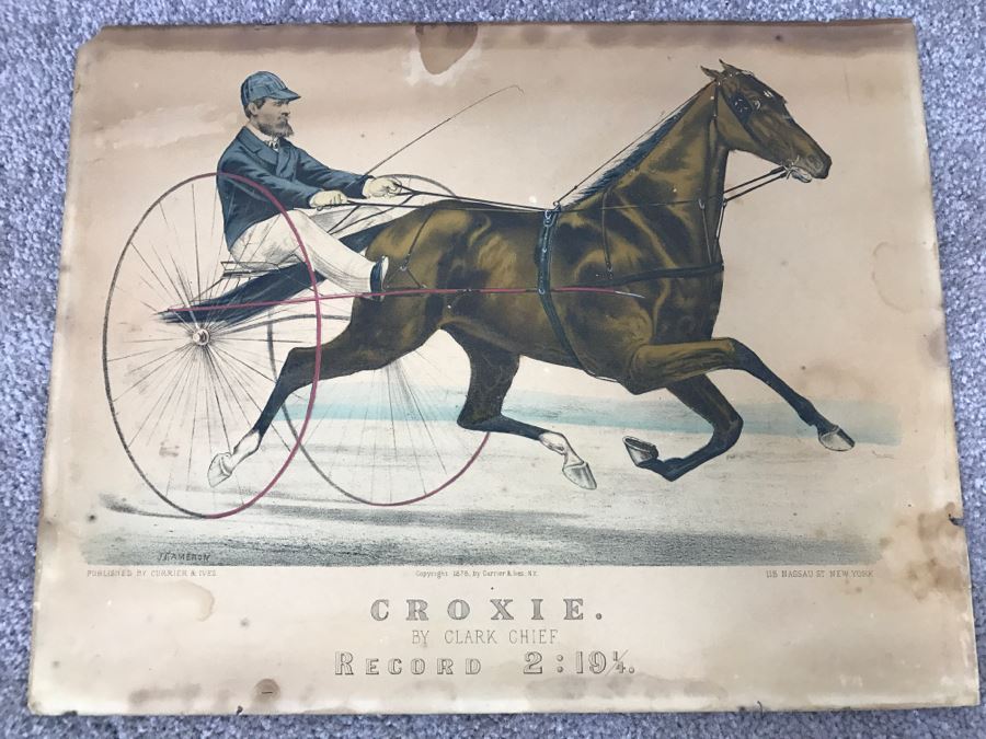 Antique Currier & Ives Lithograph 'Croxie By Clark Chief' Hand Colored Copyright 1878