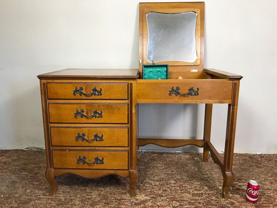 Vintage Walnut Vanity Dresser By IRWIN Pendleton With Jewelry Box, Patches, Some Jewelry And Various Items Photographed [Photo 3]