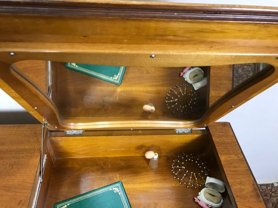 Vintage Walnut Vanity Dresser By IRWIN Pendleton With Jewelry Box, Patches, Some Jewelry And Various Items Photographed [Photo 15]