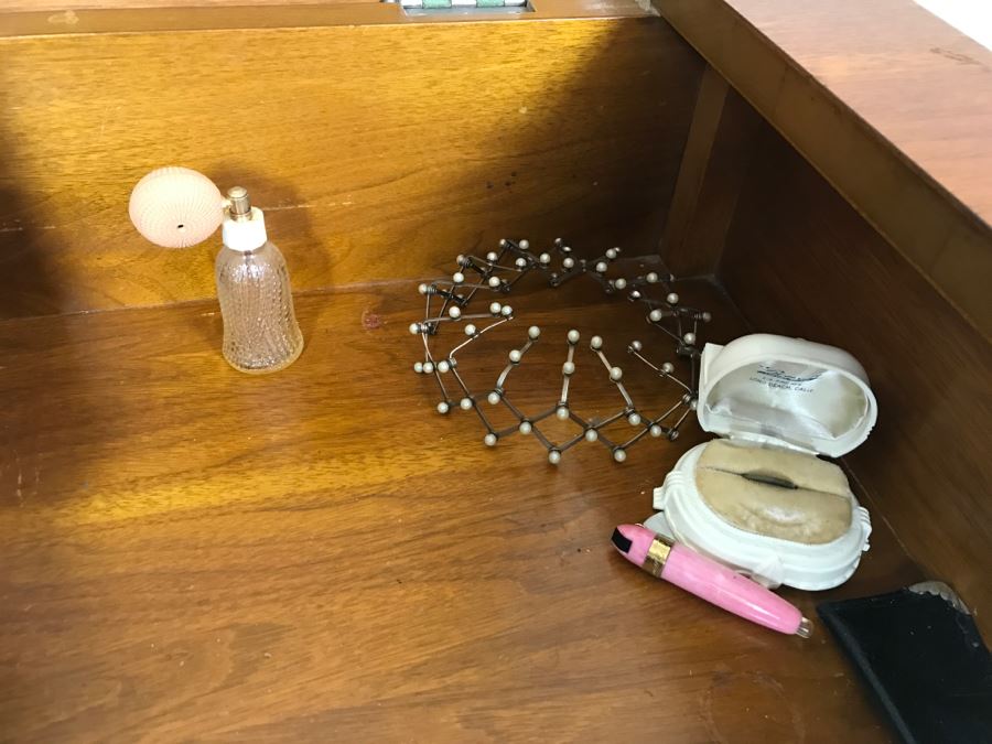 Vintage Walnut Vanity Dresser By IRWIN Pendleton With Jewelry Box, Patches, Some Jewelry And Various Items Photographed [Photo 7]