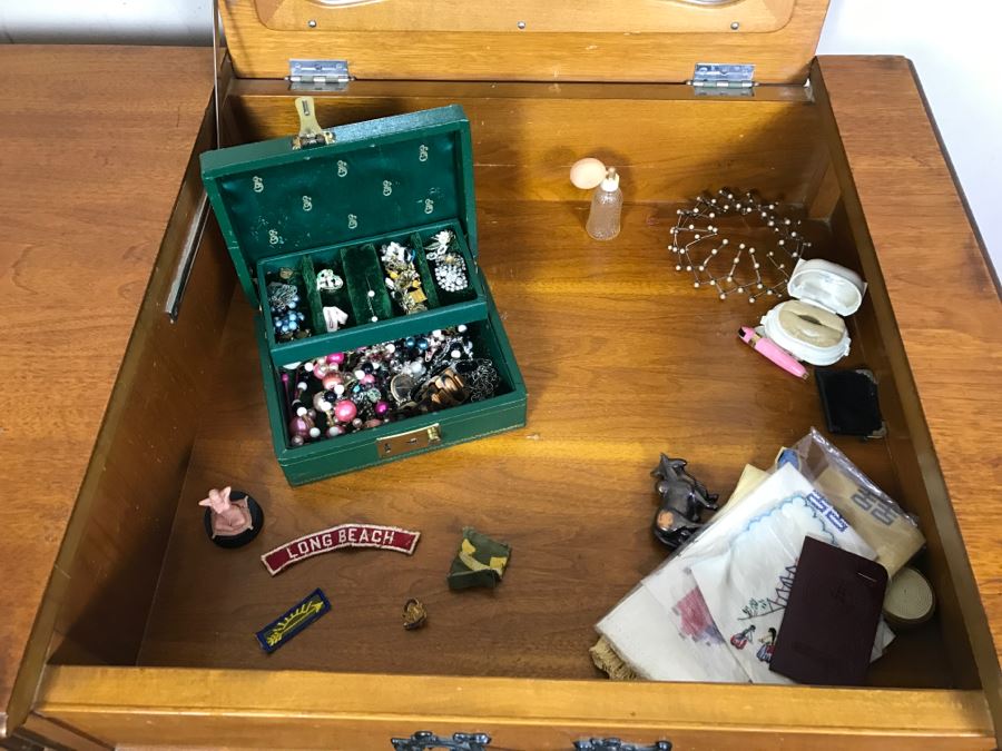 Vintage Walnut Vanity Dresser By IRWIN Pendleton With Jewelry Box, Patches, Some Jewelry And Various Items Photographed [Photo 2]