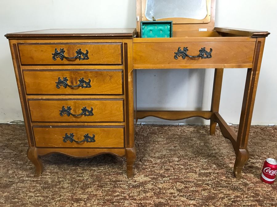 Vintage Walnut Vanity Dresser By IRWIN Pendleton With Jewelry Box, Patches, Some Jewelry And Various Items Photographed [Photo 4]