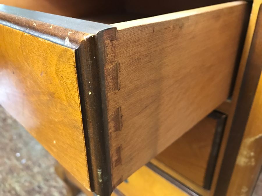 Vintage Walnut Vanity Dresser By IRWIN Pendleton With Jewelry Box, Patches, Some Jewelry And Various Items Photographed [Photo 13]