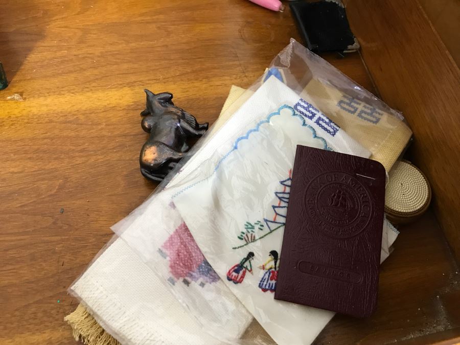 Vintage Walnut Vanity Dresser By IRWIN Pendleton With Jewelry Box, Patches, Some Jewelry And Various Items Photographed [Photo 8]