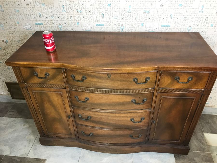 Vintage Wooden Sideboard Buffet On Casters [Photo 3]