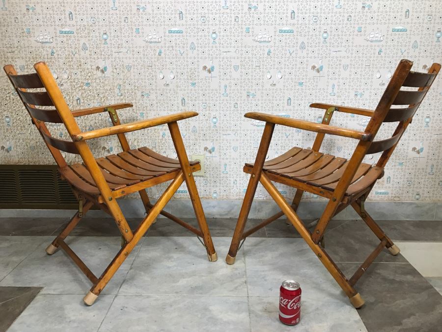Pair Of Vintage Wood Folding Chairs Slatted Ship Deck Chairs [Photo 5]