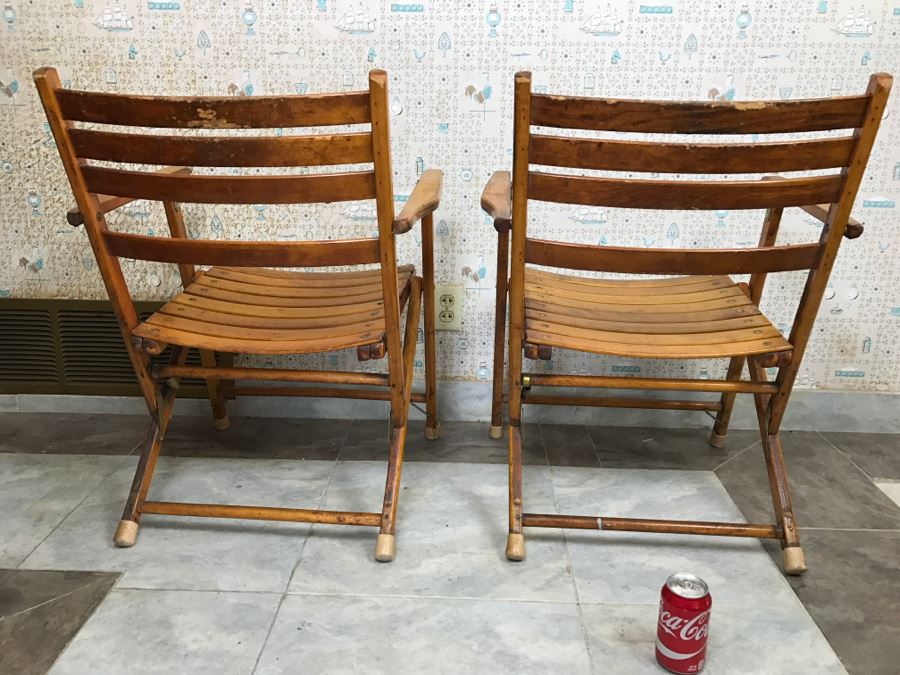 Pair Of Vintage Wood Folding Chairs Slatted Ship Deck Chairs